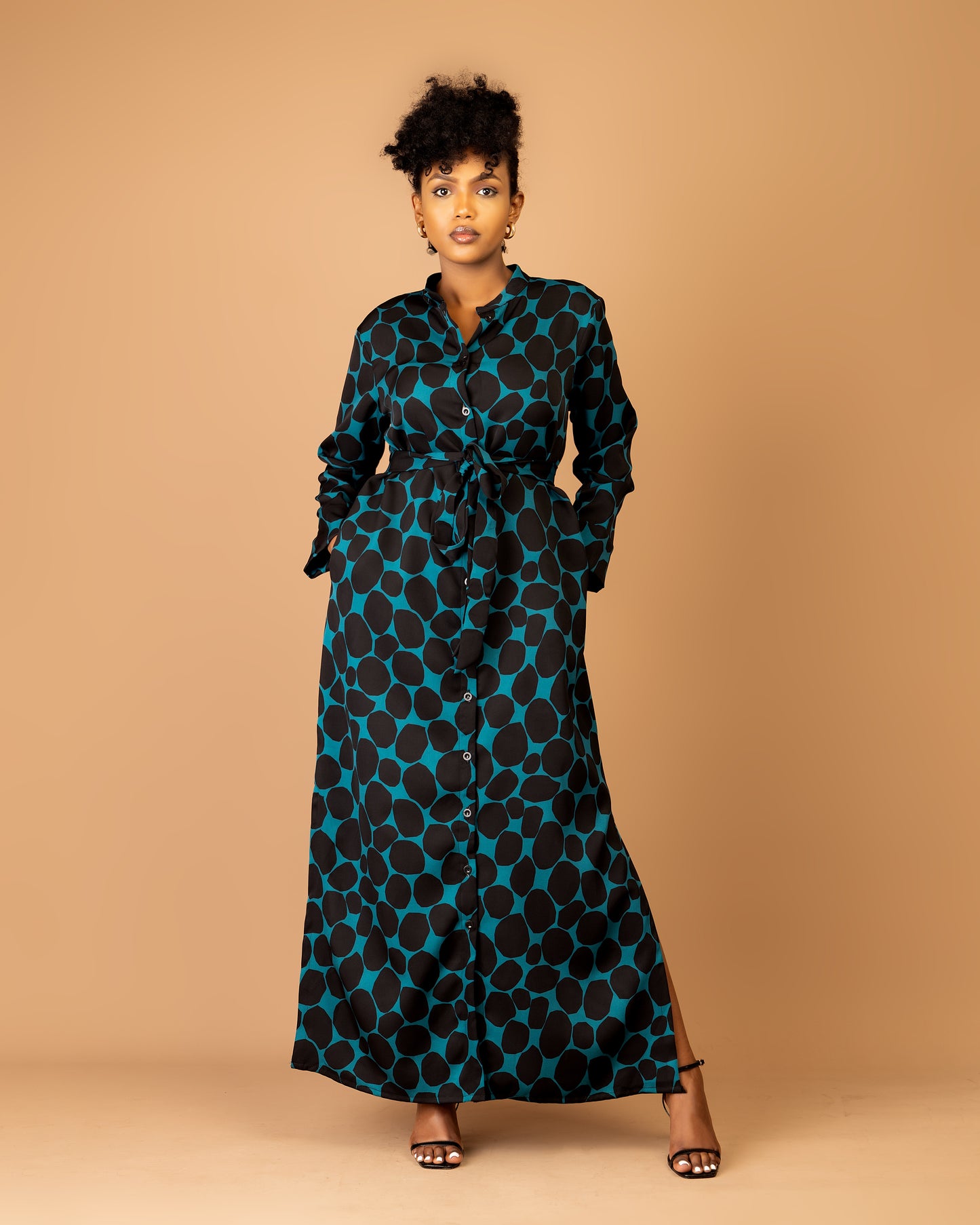 Blue Abstract Print Belted Maxi Shirtdress