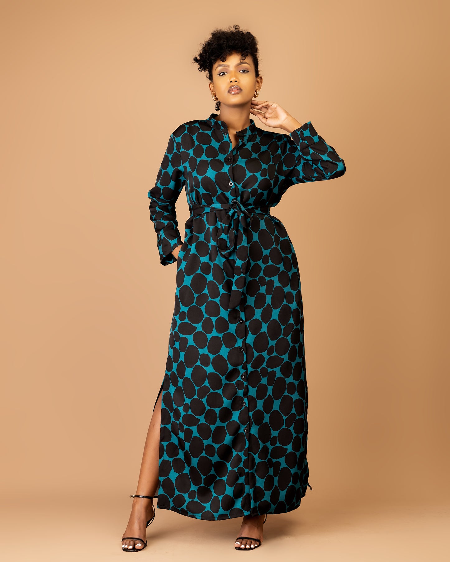 Blue Abstract Print Belted Maxi Shirtdress