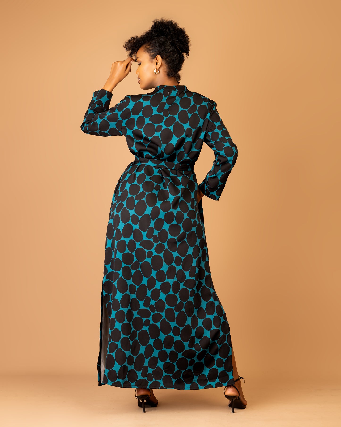 Blue Abstract Print Belted Maxi Shirtdress