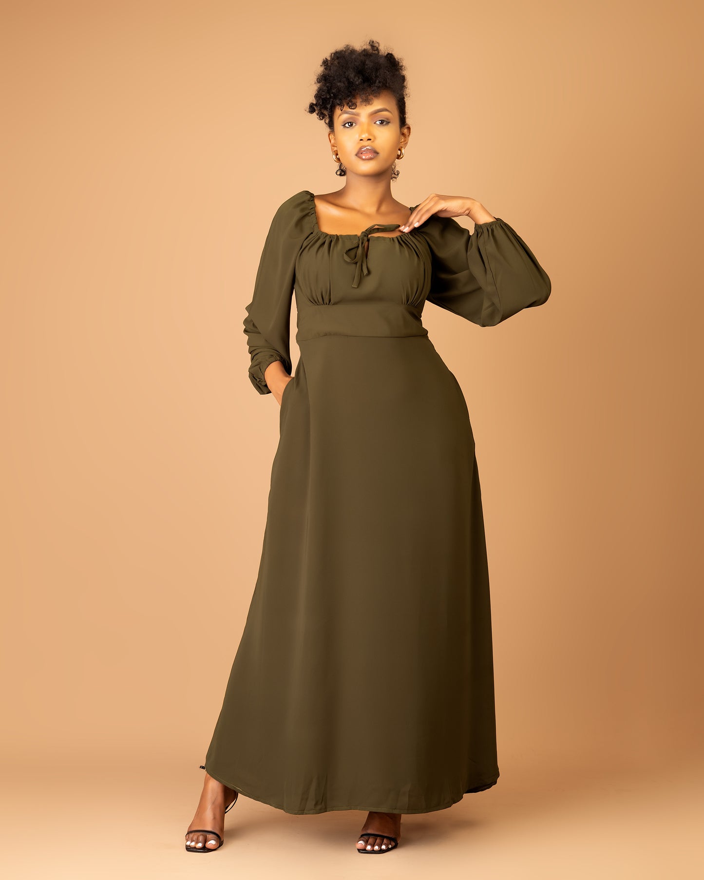 Army Green Long Sleeve Shirred Back Maxi Dress