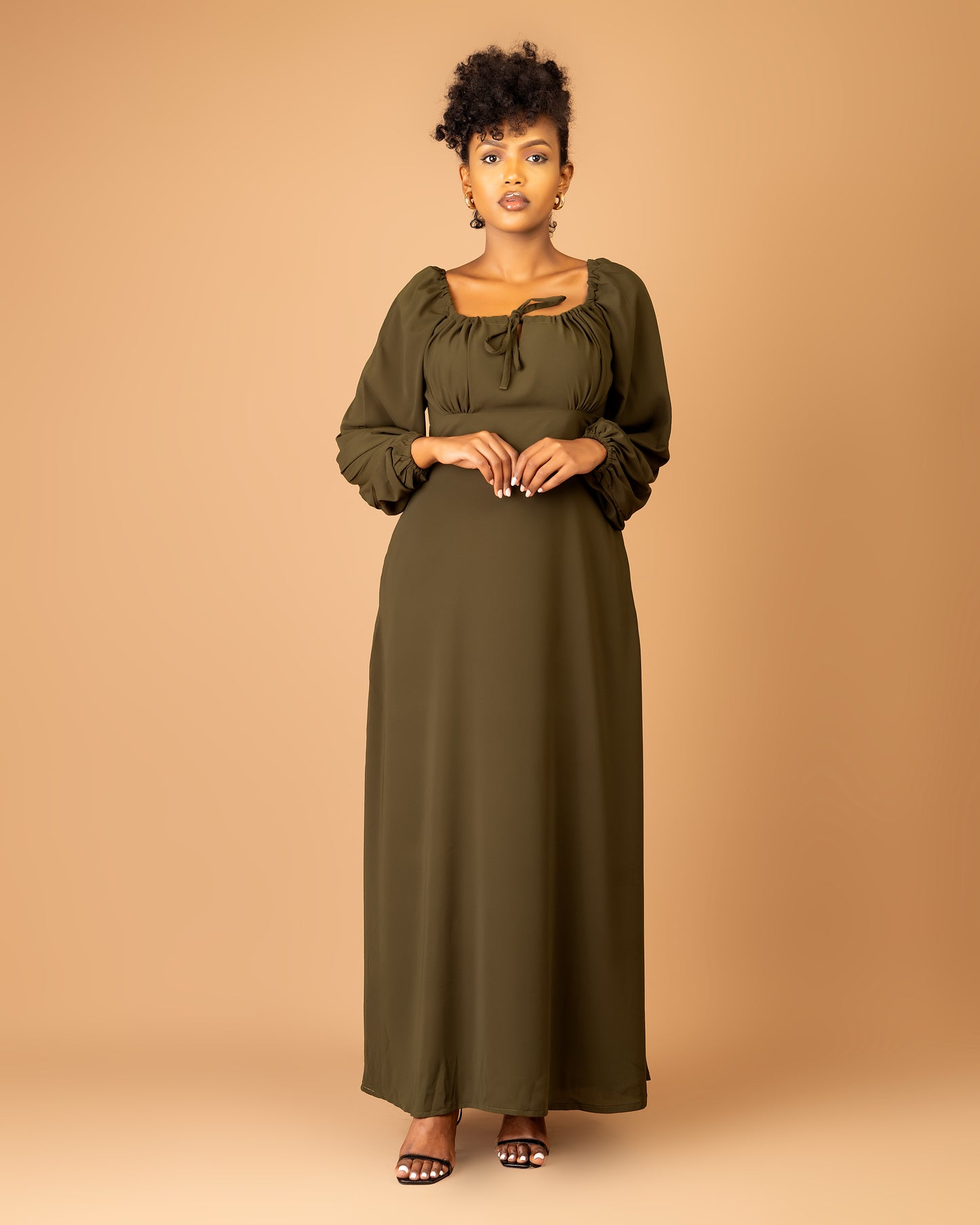 Army Green Long Sleeve Shirred Back Maxi Dress