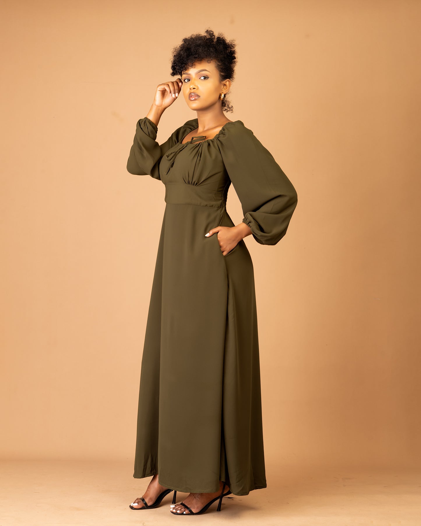 Army Green Long Sleeve Shirred Back Maxi Dress