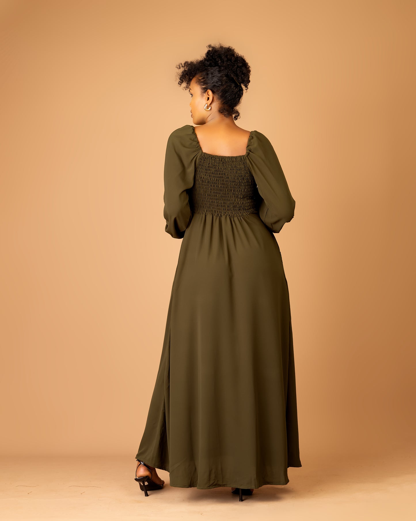 Army Green Long Sleeve Shirred Back Maxi Dress