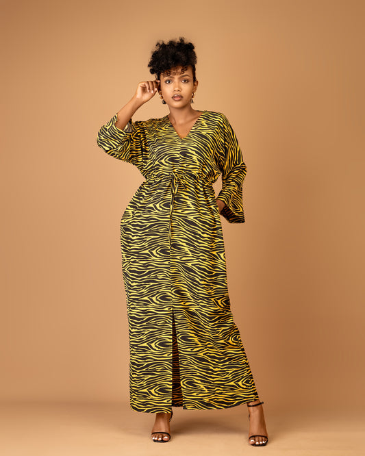 Black & Gold Print Drawstring Kaftan