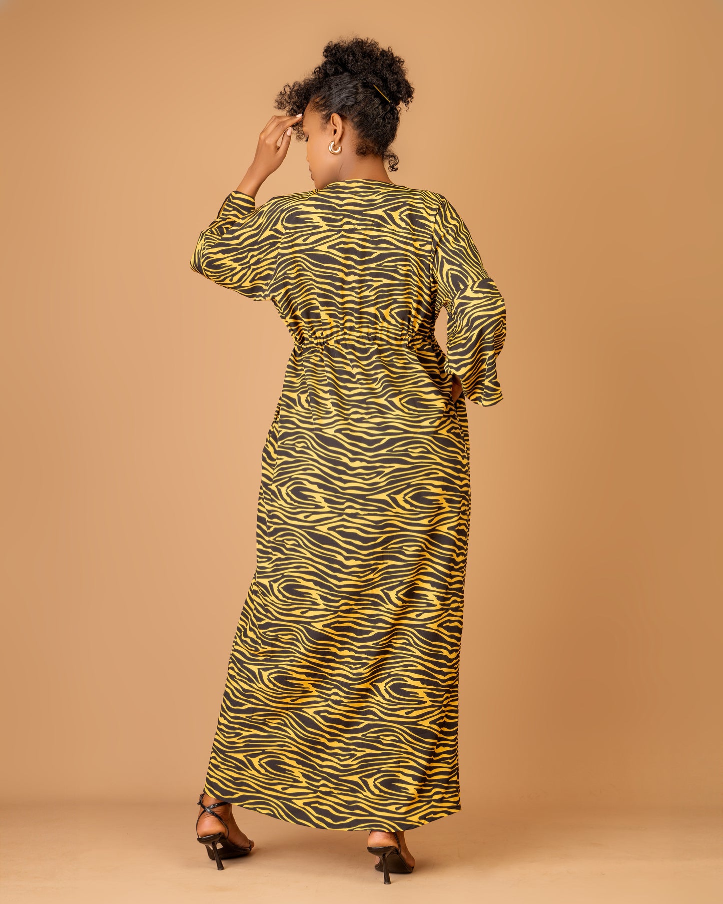 Black & Gold Print Drawstring Kaftan