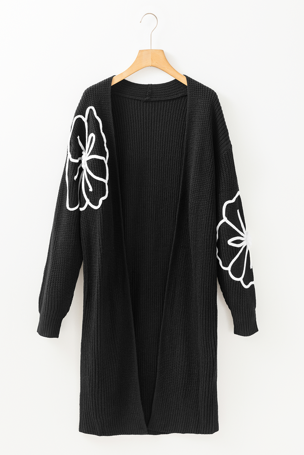 Black Flower Embroidered Open Front Cardigan