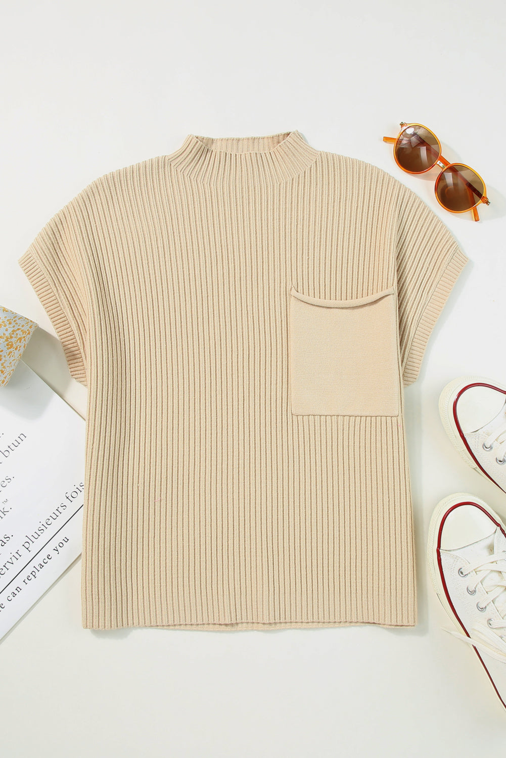 Ribbed Mock Neck Knit Top - Oatmeal