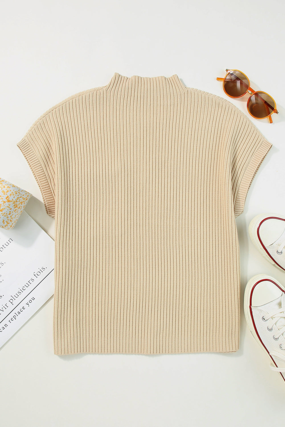 Ribbed Mock Neck Knit Top - Oatmeal