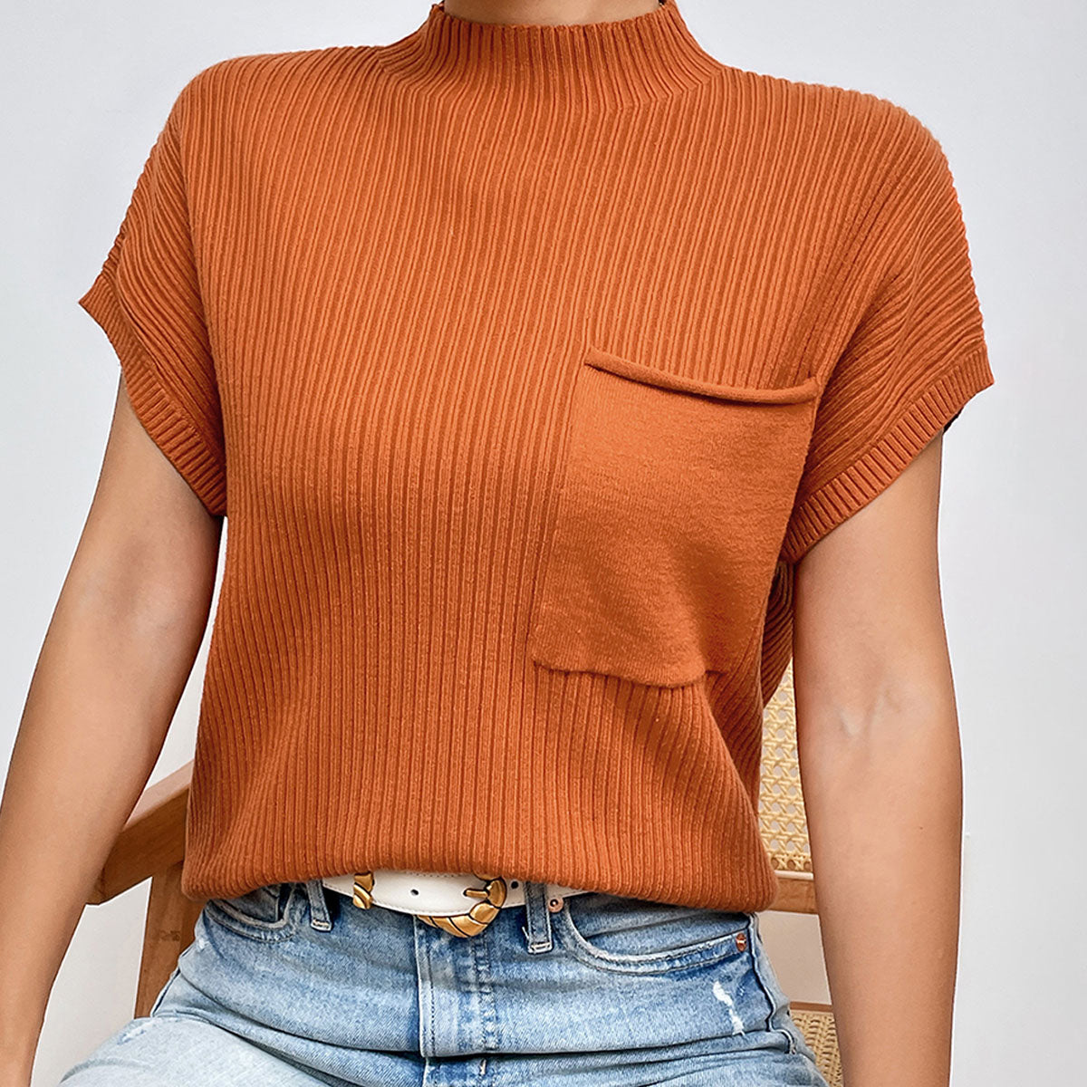 Ribbed Mock Neck Knit Top - Burnt Orange