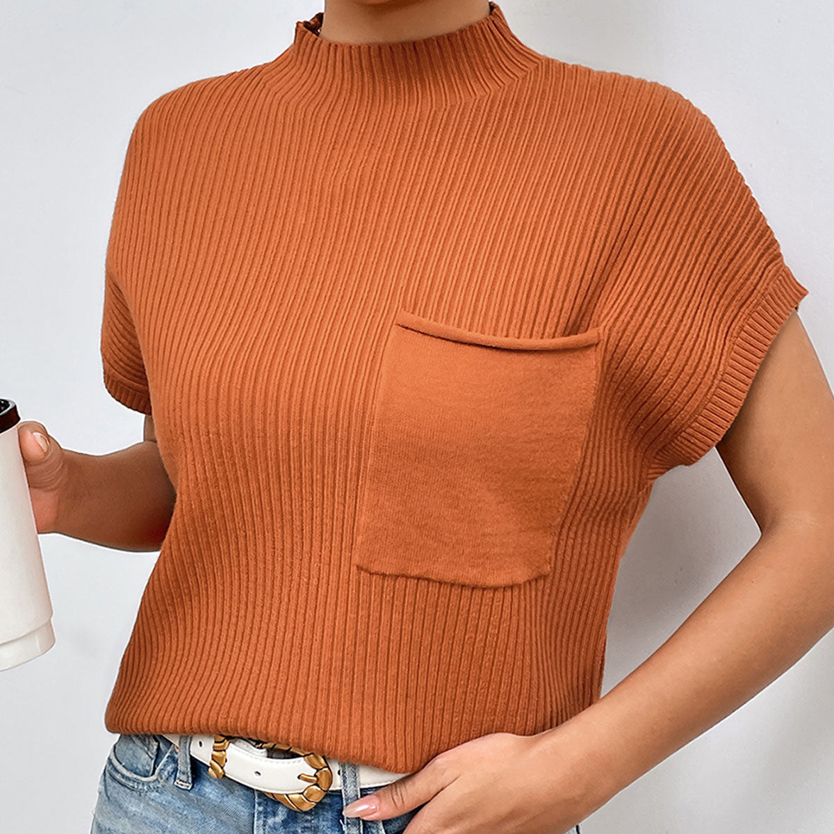 Ribbed Mock Neck Knit Top - Burnt Orange