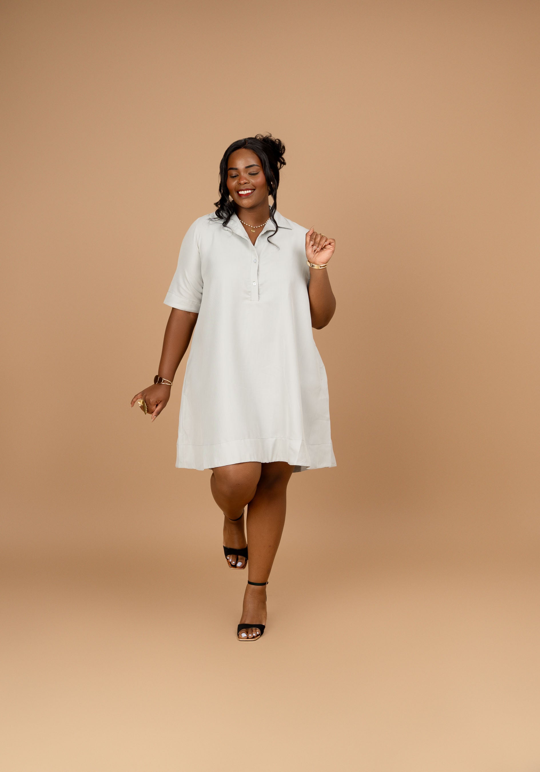 Short Sleeve Cotton Tent Dress - Mist Grey