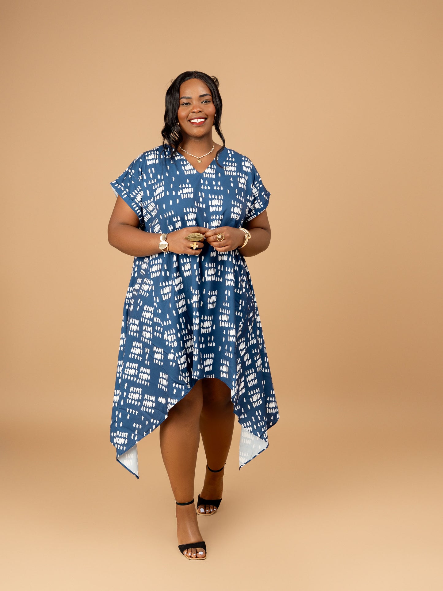 Nia Asymmetric Midi Dress - Blue Dash Print