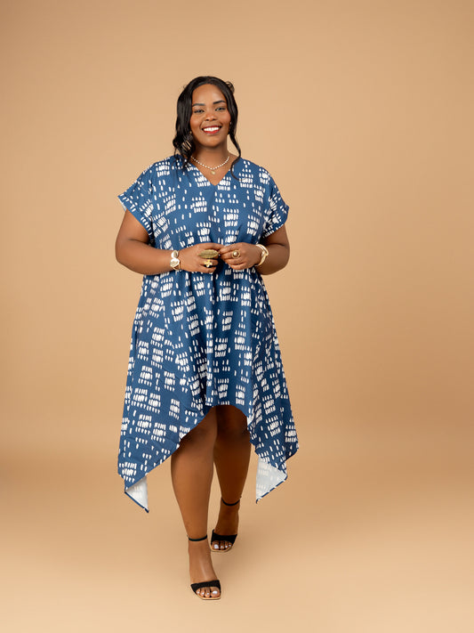 Nia Asymmetric Midi Dress - Blue Dash Print