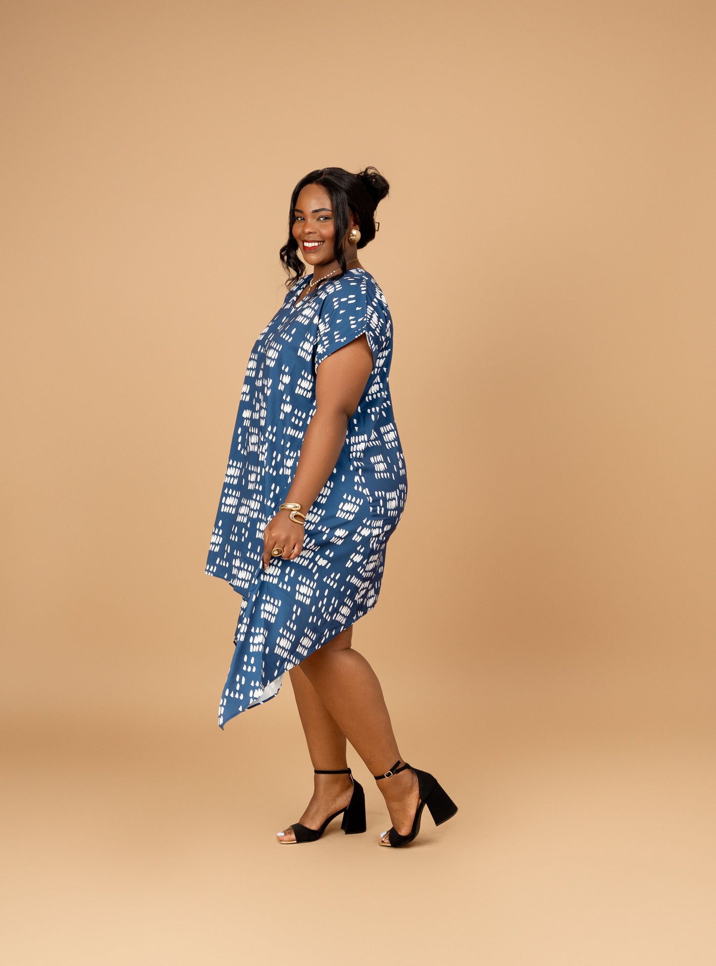 Nia Asymmetric Midi Dress - Blue Dash Print