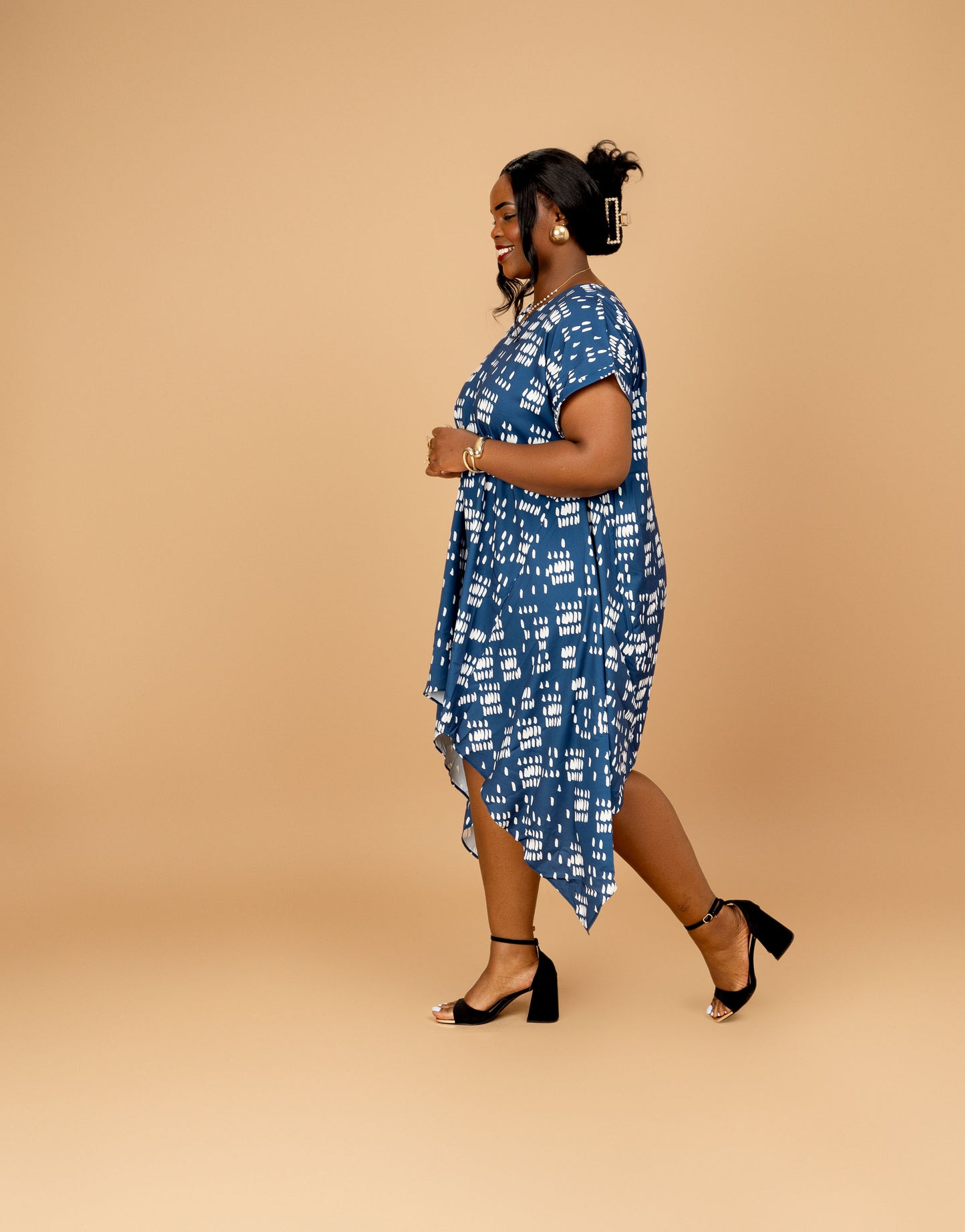 Nia Asymmetric Midi Dress - Blue Dash Print