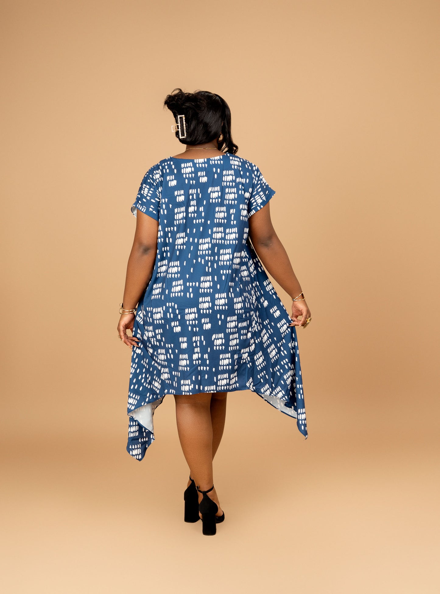 Nia Asymmetric Midi Dress - Blue Dash Print