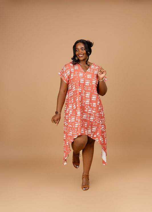 Nia Asymmetric Midi Dress - Coral Dash Print