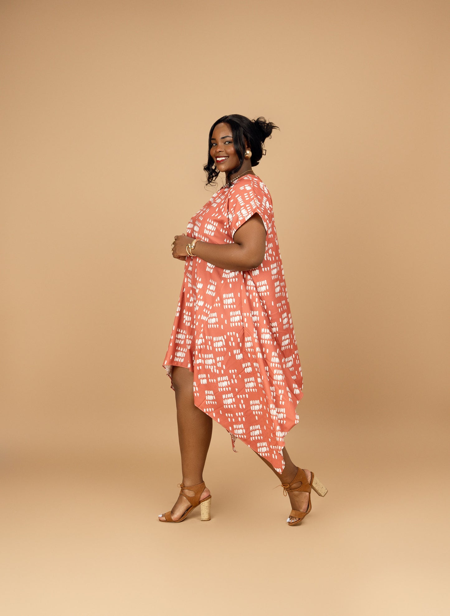 Nia Asymmetric Midi Dress - Coral Dash Print
