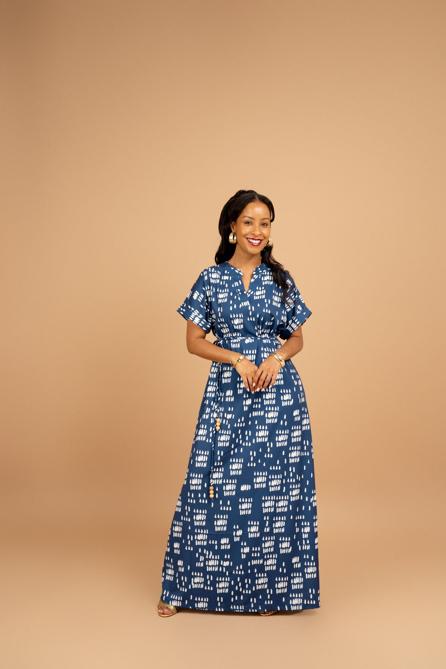 Nia Maxi Dress with Beaded Tie Belt - Midnight Blue