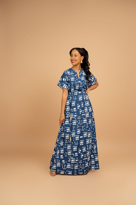 Nia Maxi Dress with Beaded Tie Belt - Midnight Blue