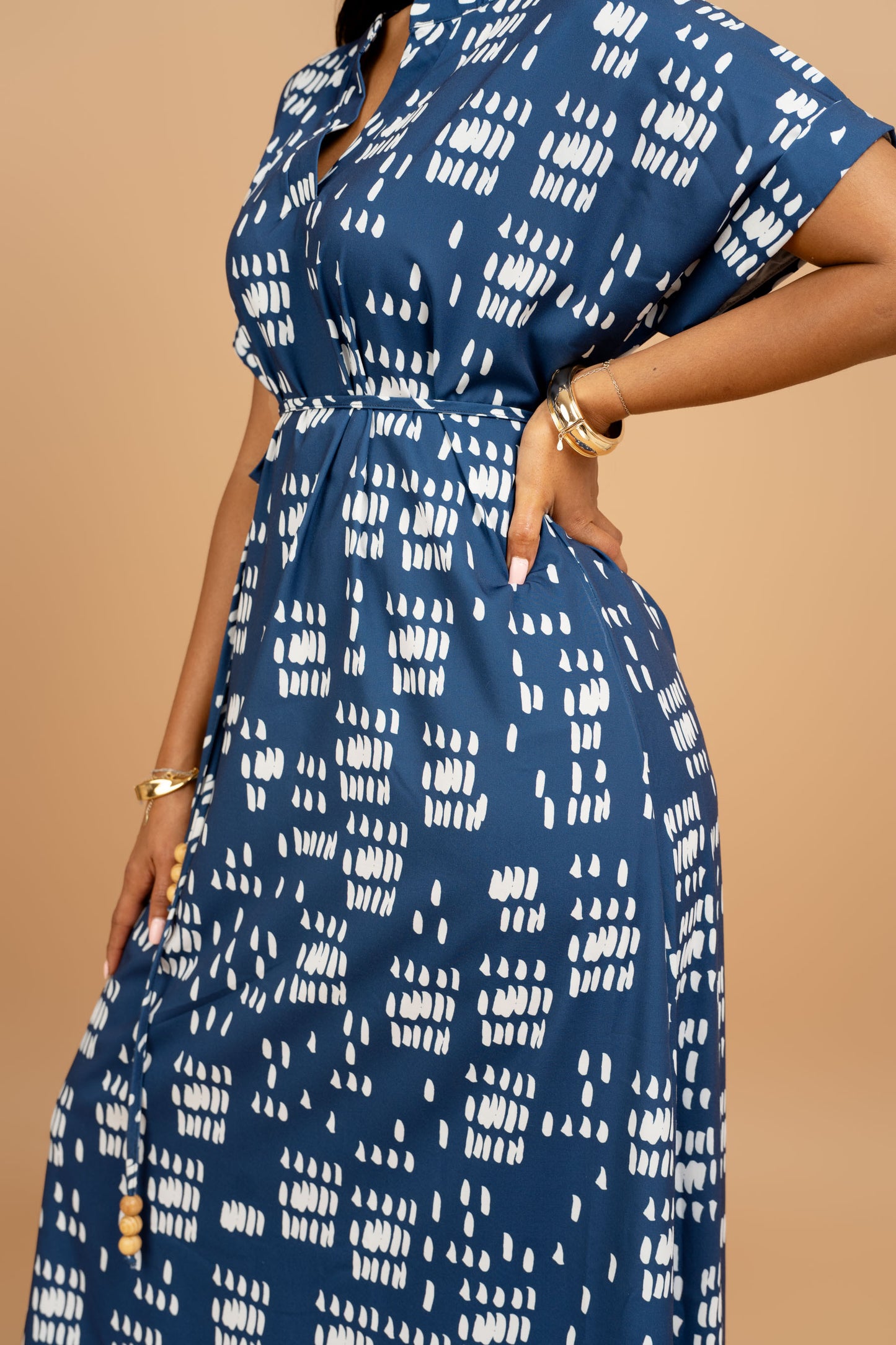 Nia Maxi Dress with Beaded Tie Belt - Midnight Blue