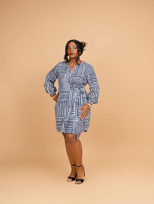 Nia Knee Length Wrap Dress - Blue Mixed Stripe
