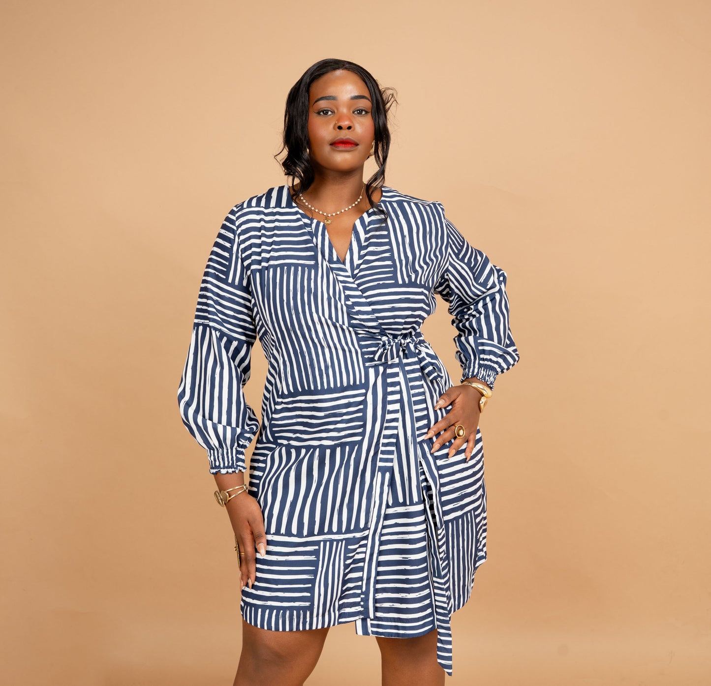 Nia Knee Length Wrap Dress - Blue Mixed Stripe