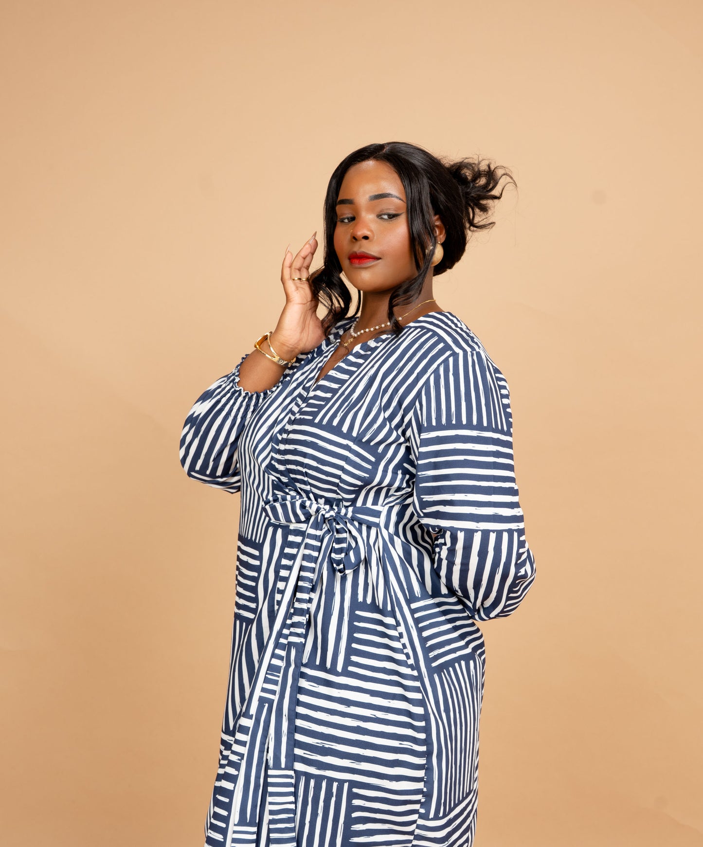 Nia Knee Length Wrap Dress - Blue Mixed Stripe