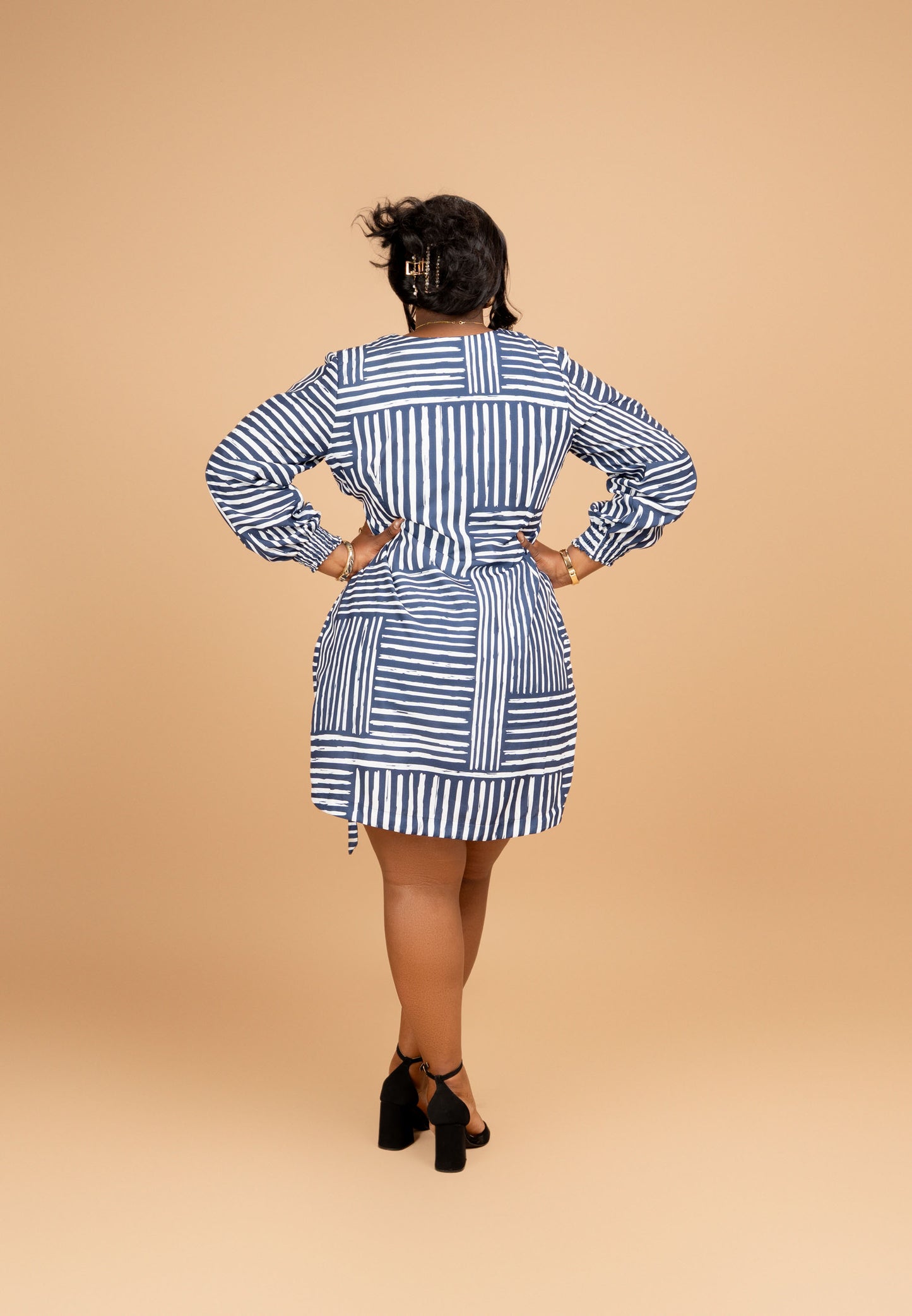 Nia Knee Length Wrap Dress - Blue Mixed Stripe