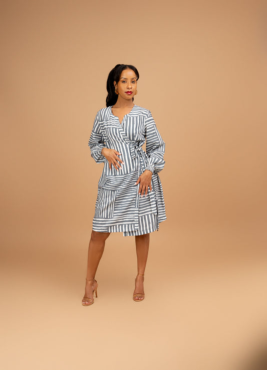 Nia Knee Length Wrap Dress - Cool Sage Mixed Stripe