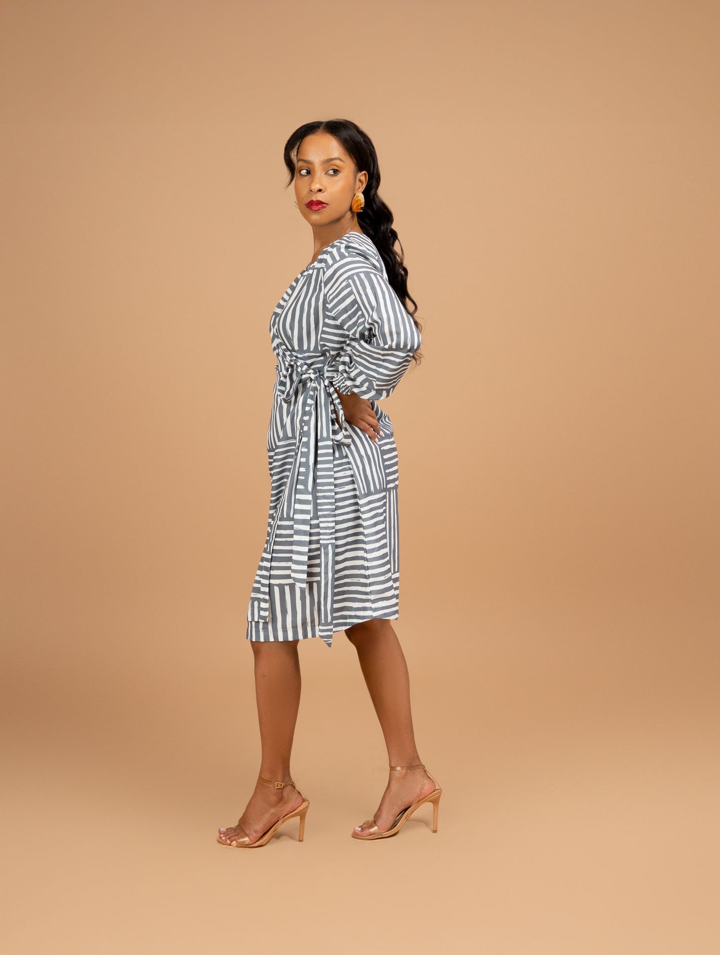 Nia Knee Length Wrap Dress - Cool Sage Mixed Stripe