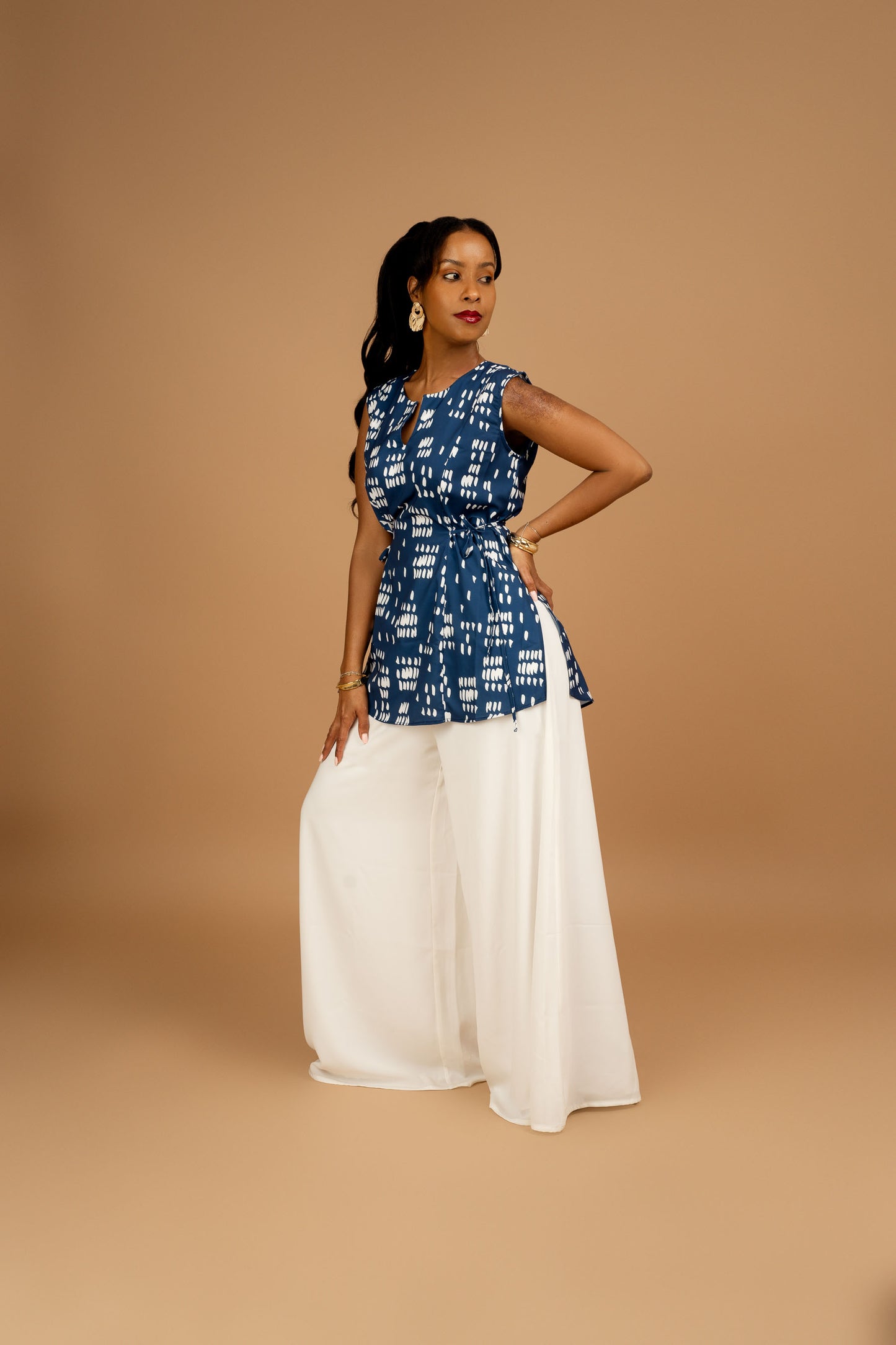 Nia Blue Sleeveless Top with Side Ties + Ultra Flowy Wide Leg Pants