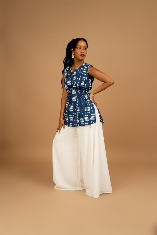 Nia Blue Sleeveless Top with Side Ties + Ultra Flowy Wide Leg Pants