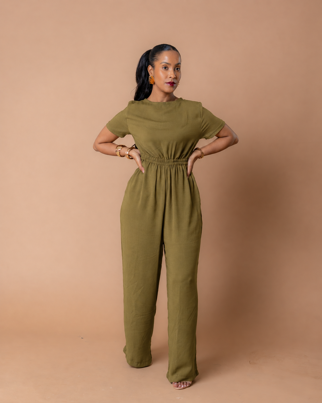 Elastic Waist Short Sleeve Wide-Leg Jumpsuit - Olive Green