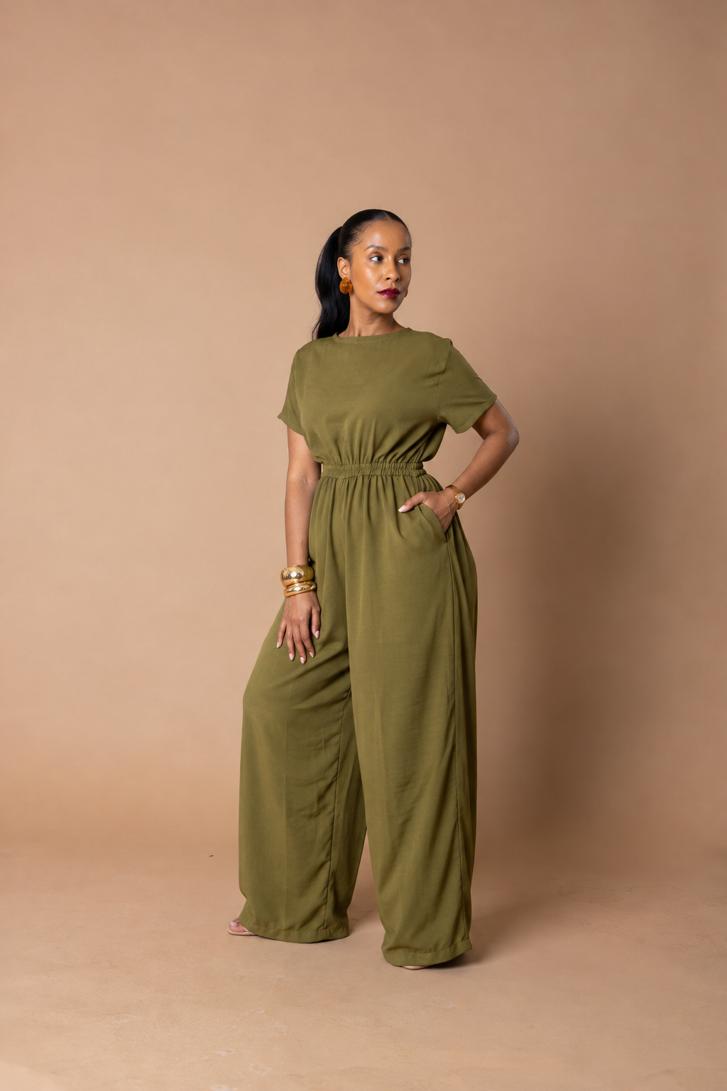 Elastic Waist Short Sleeve Wide-Leg Jumpsuit - Olive Green