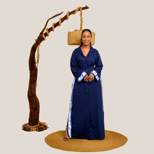 Nia Maxi Shirt Dress with Contrast Panels - Navy Blue
