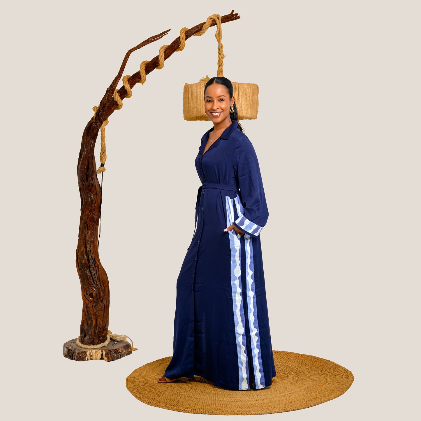 Nia Maxi Shirt Dress with Contrast Panels - Navy Blue