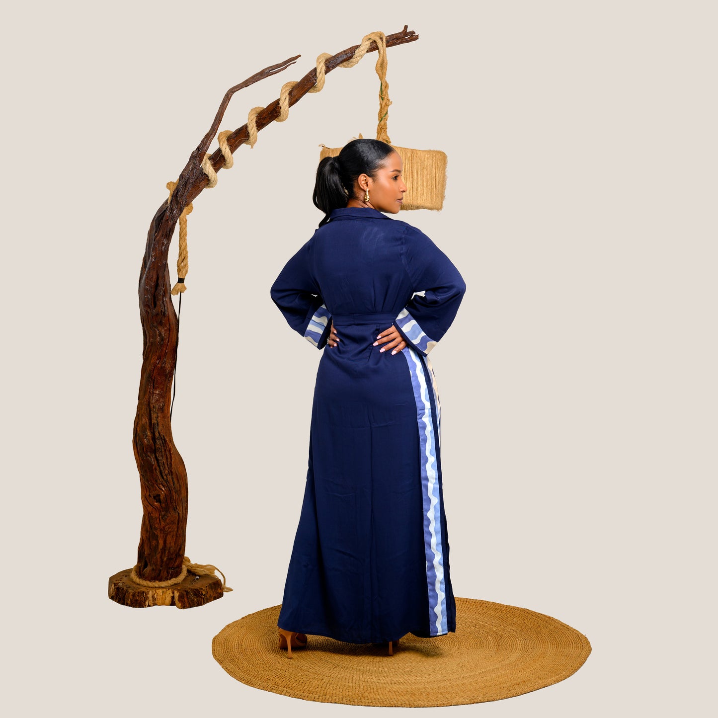 Nia Maxi Shirt Dress with Contrast Panels - Navy Blue