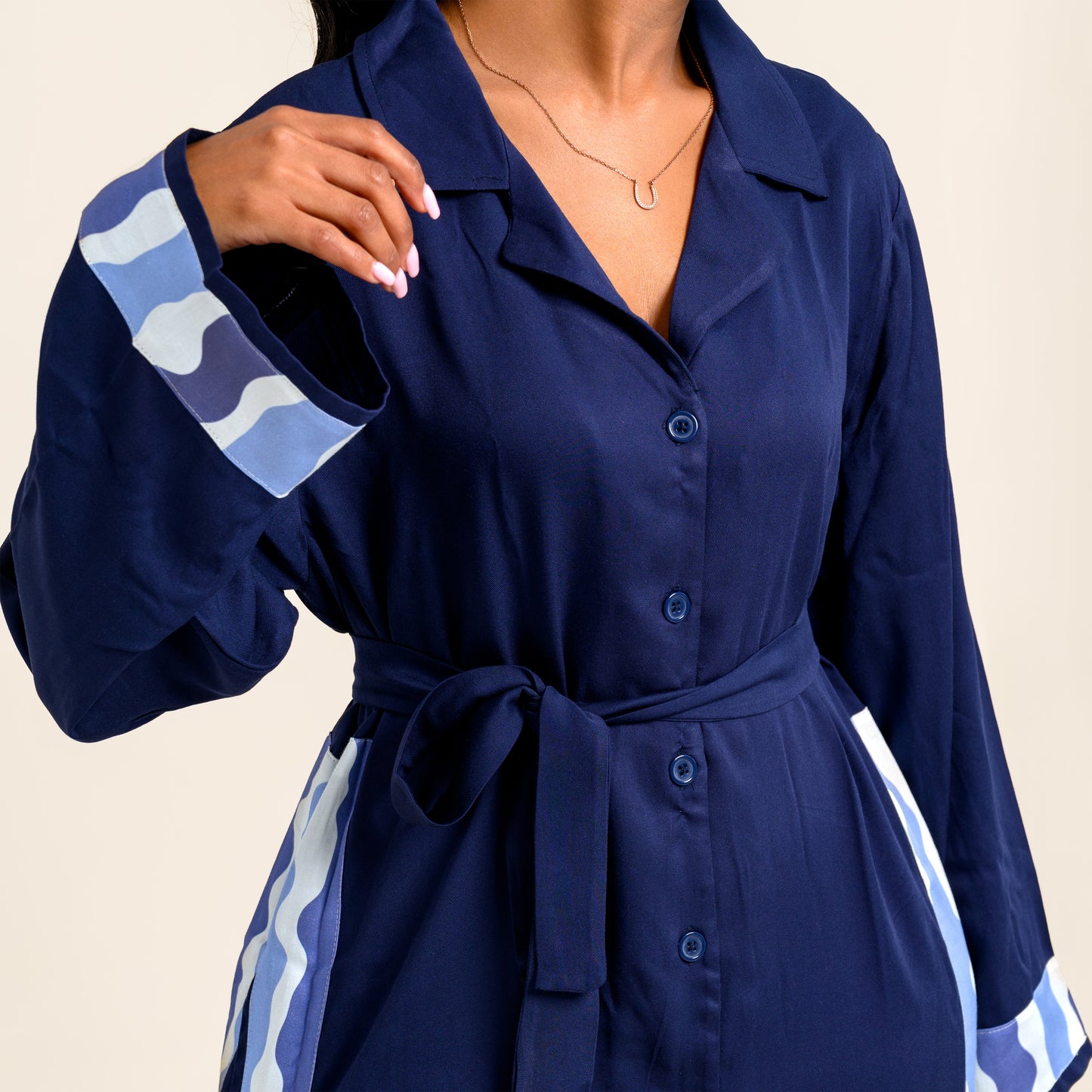 Nia Maxi Shirt Dress with Contrast Panels - Navy Blue