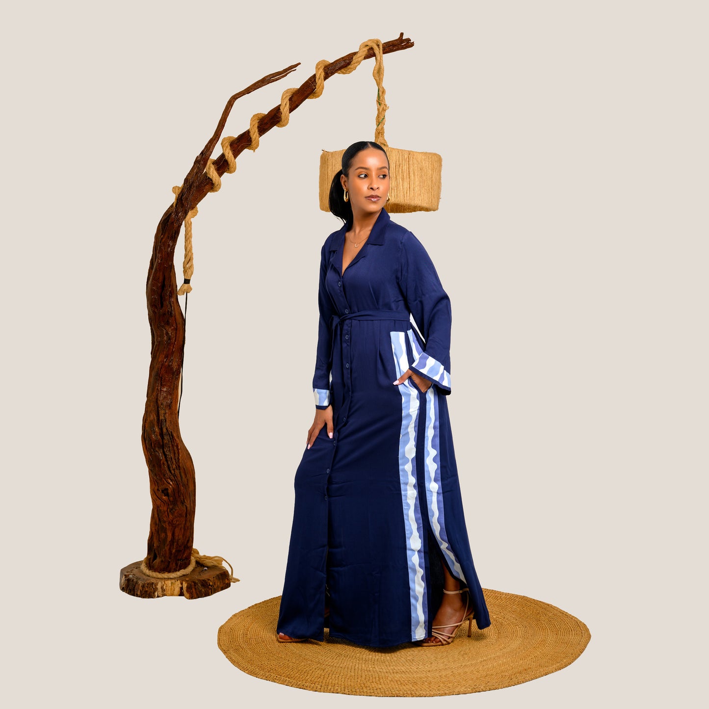 Nia Maxi Shirt Dress with Contrast Panels - Navy Blue