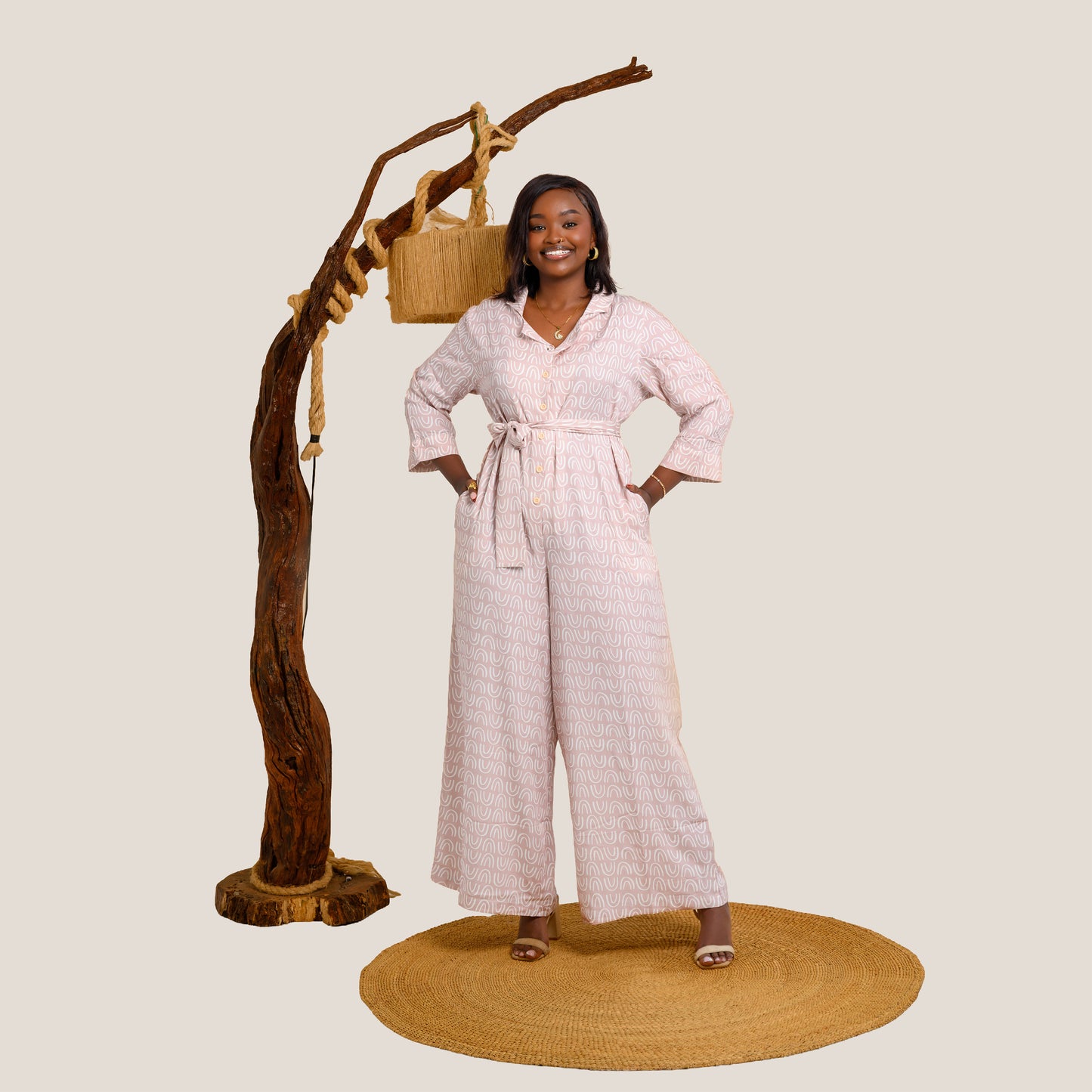 Nia Wide Leg Belted Jumpsuit - Blush Pink