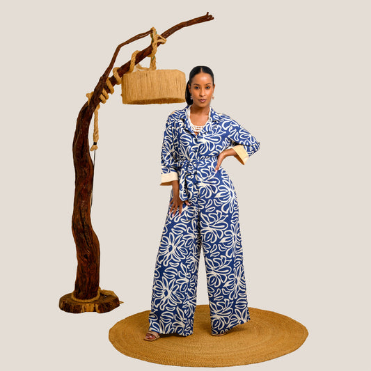 Nia Wide Leg Belted Jumpsuit - Blue Floral
