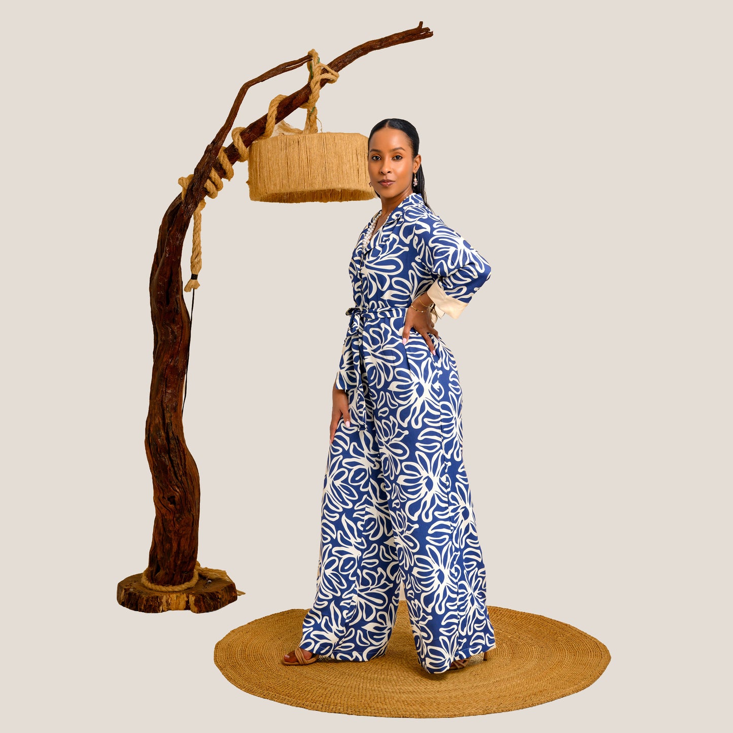 Nia Wide Leg Belted Jumpsuit - Blue Floral