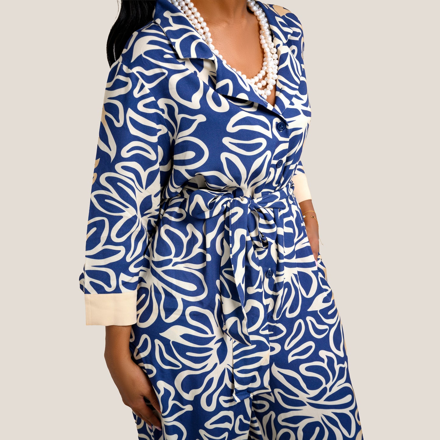 Nia Wide Leg Belted Jumpsuit - Blue Floral