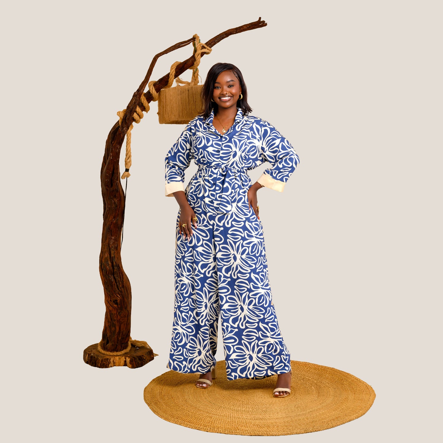 Nia Wide Leg Belted Jumpsuit - Blue Floral