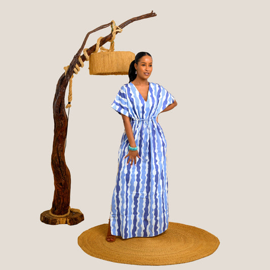 Nia Striped Drawstring Maxi Dress - Blue