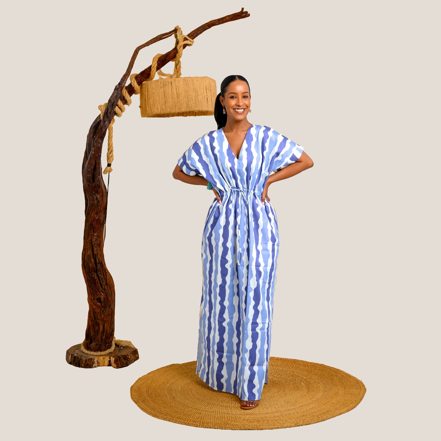 Nia Striped Drawstring Maxi Dress - Blue