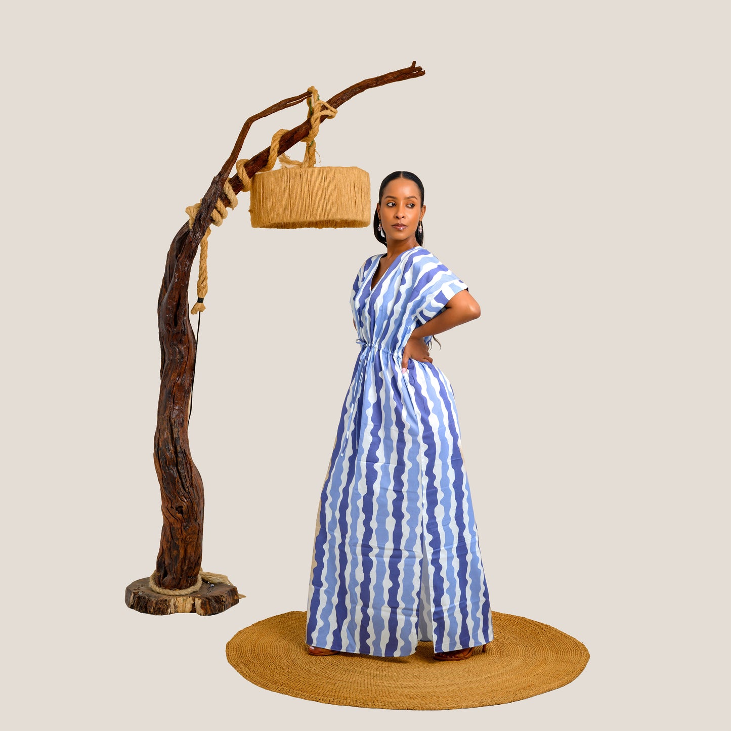 Nia Striped Drawstring Maxi Dress - Blue