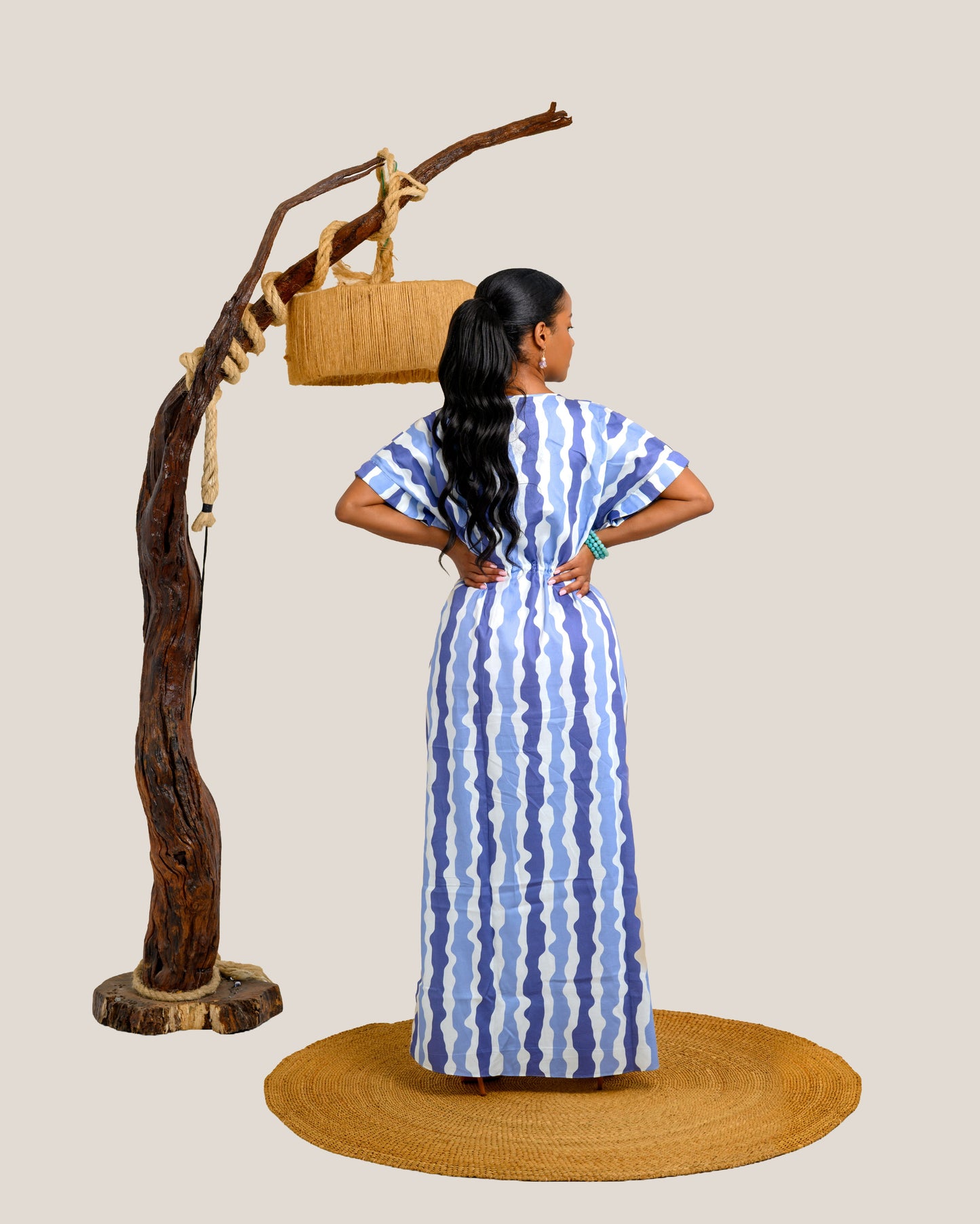 Nia Striped Drawstring Maxi Dress - Blue