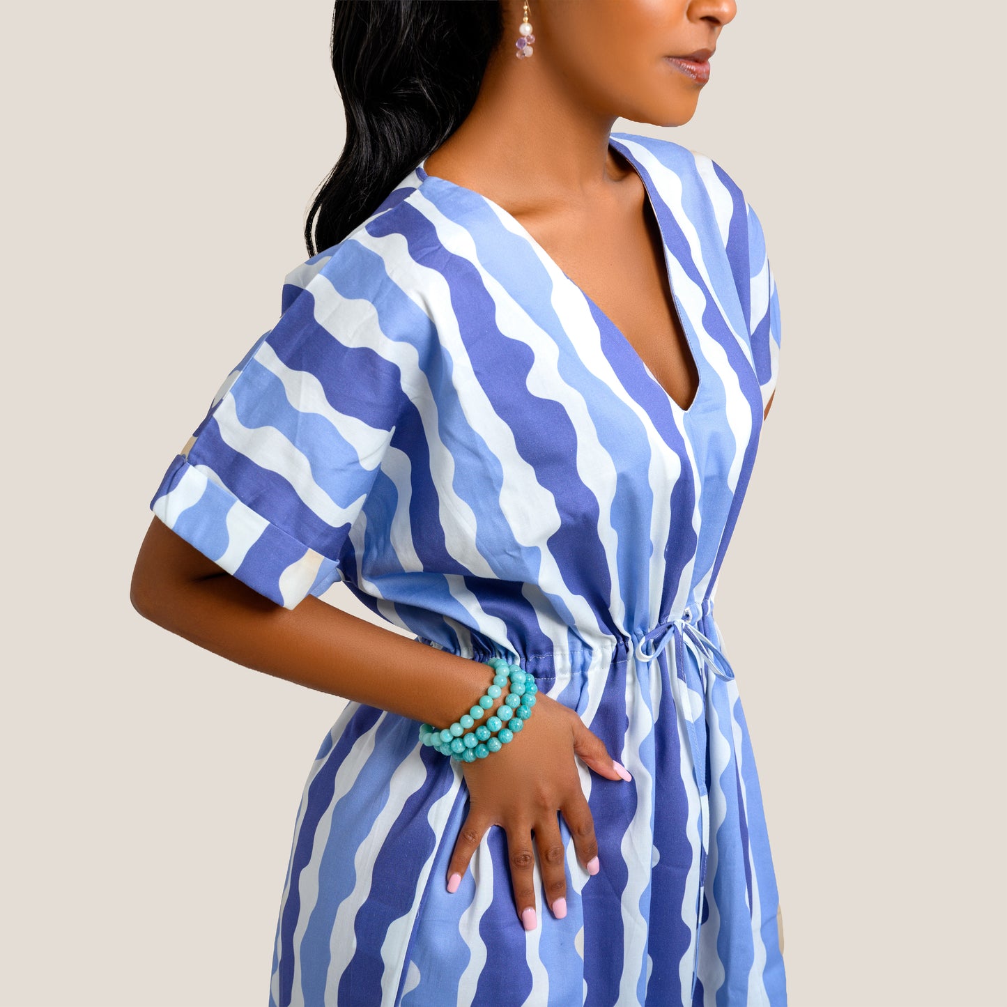 Nia Striped Drawstring Maxi Dress - Blue